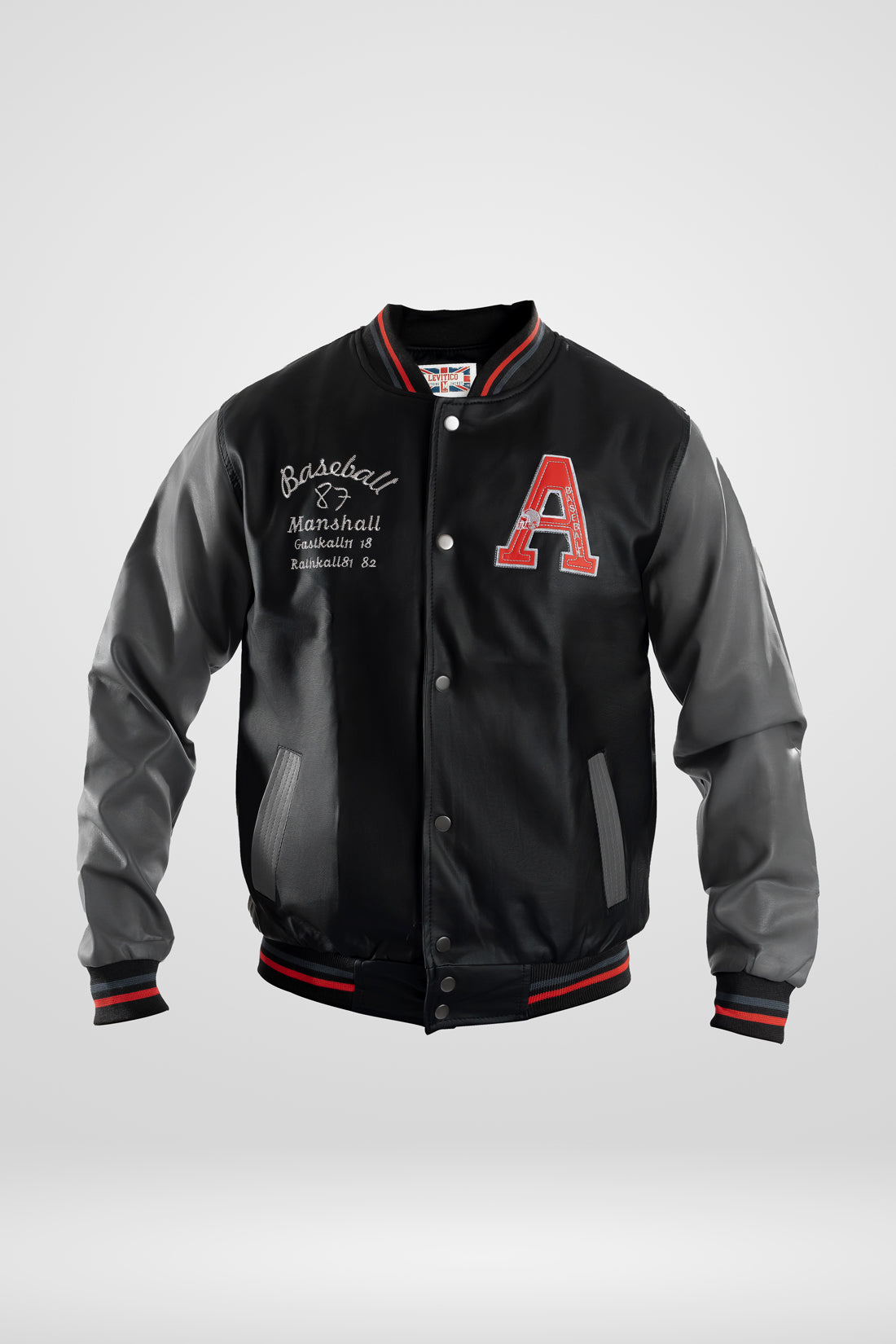 Chaqueta de piel tipo cuero estilo beisbolera con vista completa