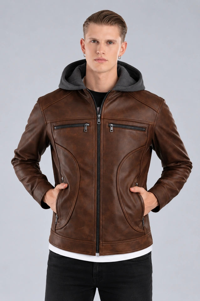 Hombre vistiendo la chaqueta de Cuerotex marrón con capota de algodón, mostrando un look elegante y moderno gracias a su corte recto.