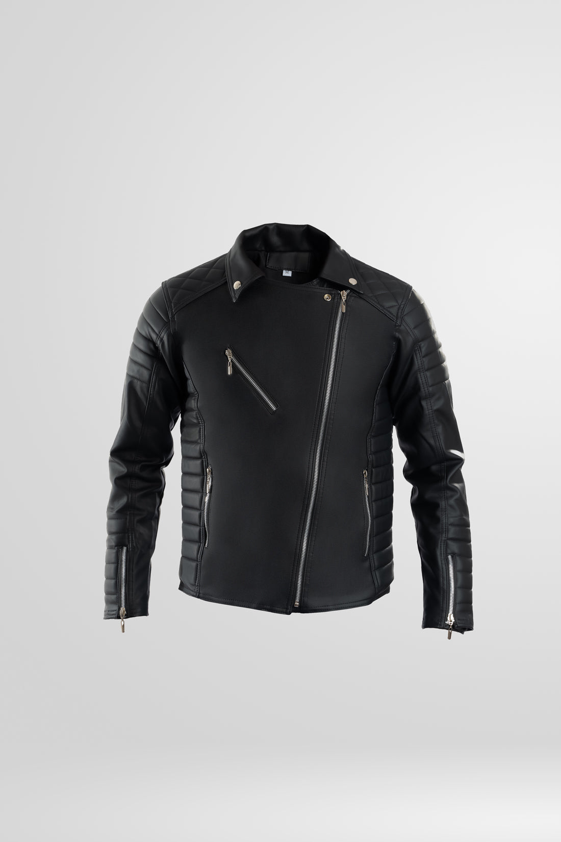 Chamarra negra para hombre imagen detalla AD10 estilo rockero con paneles laterales acolchados en cuerotex. Disponible con Pago Contra Entrega, crédito ADDI y Sistecrédito en lsjsas.com