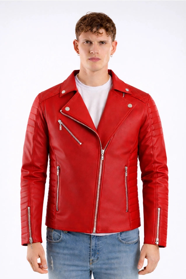 Chamarra roja para hombre imagen frontal AD10 estilo rockero con paneles laterales acolchados en cuerotex. Disponible con Pago Contra Entrega, crédito ADDI y Sistecrédito en lsjsas.com