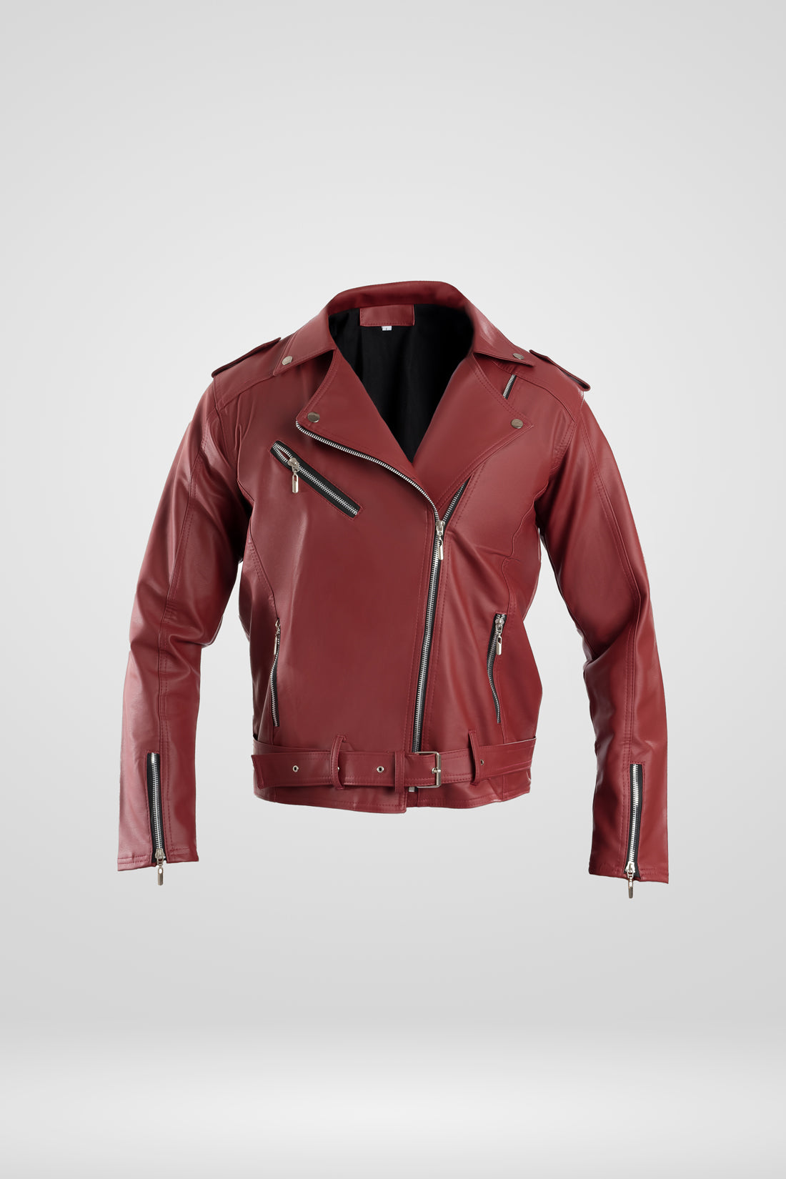 Chamarra de cuerotex para hombre en un elegante color vinotinto, con diseño en el cuello, cintura con correa y hebilla, vista frontal.