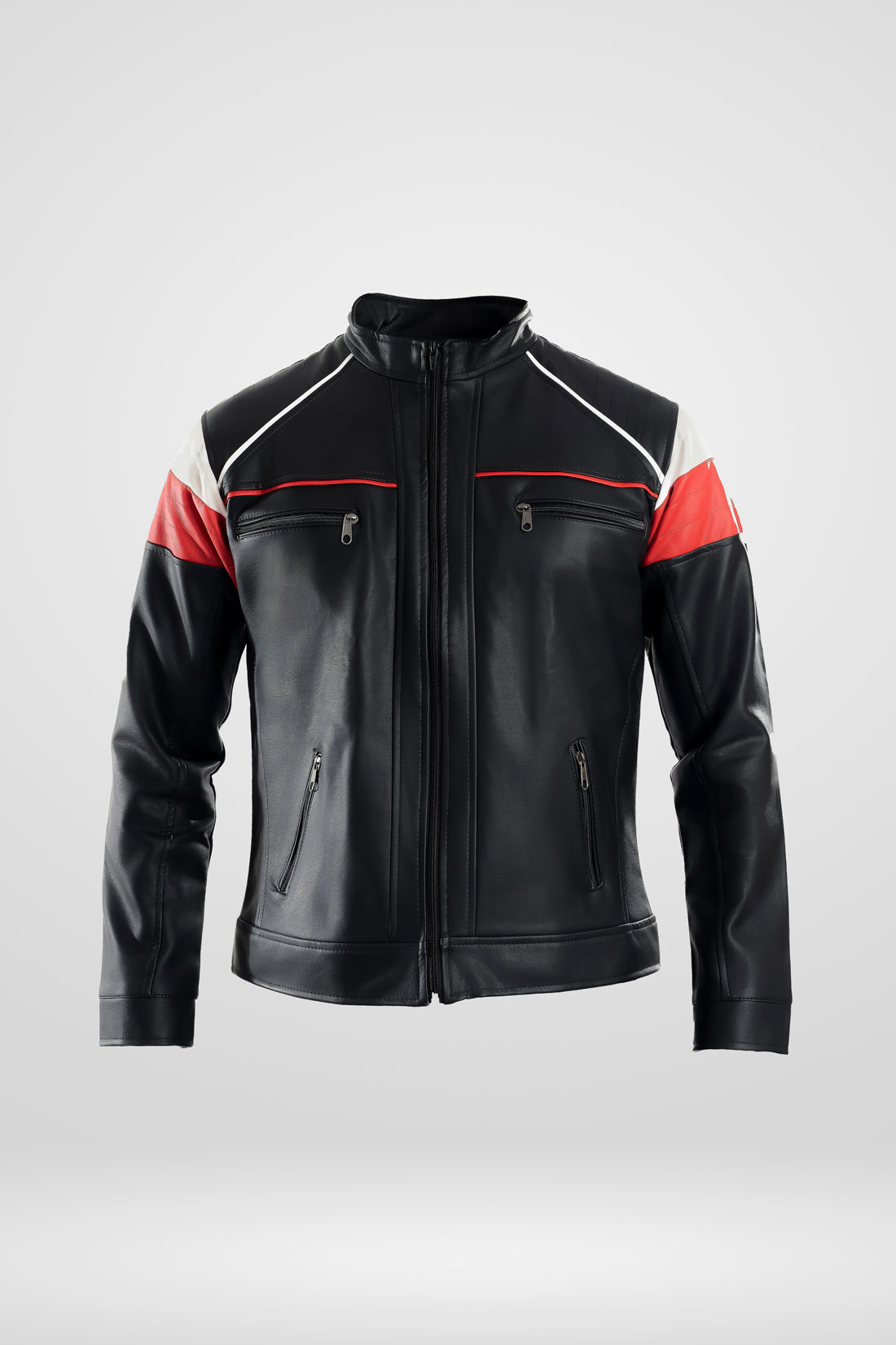 Chaqueta clasica de piel tipo cuero en color negra con rojo vista completa.