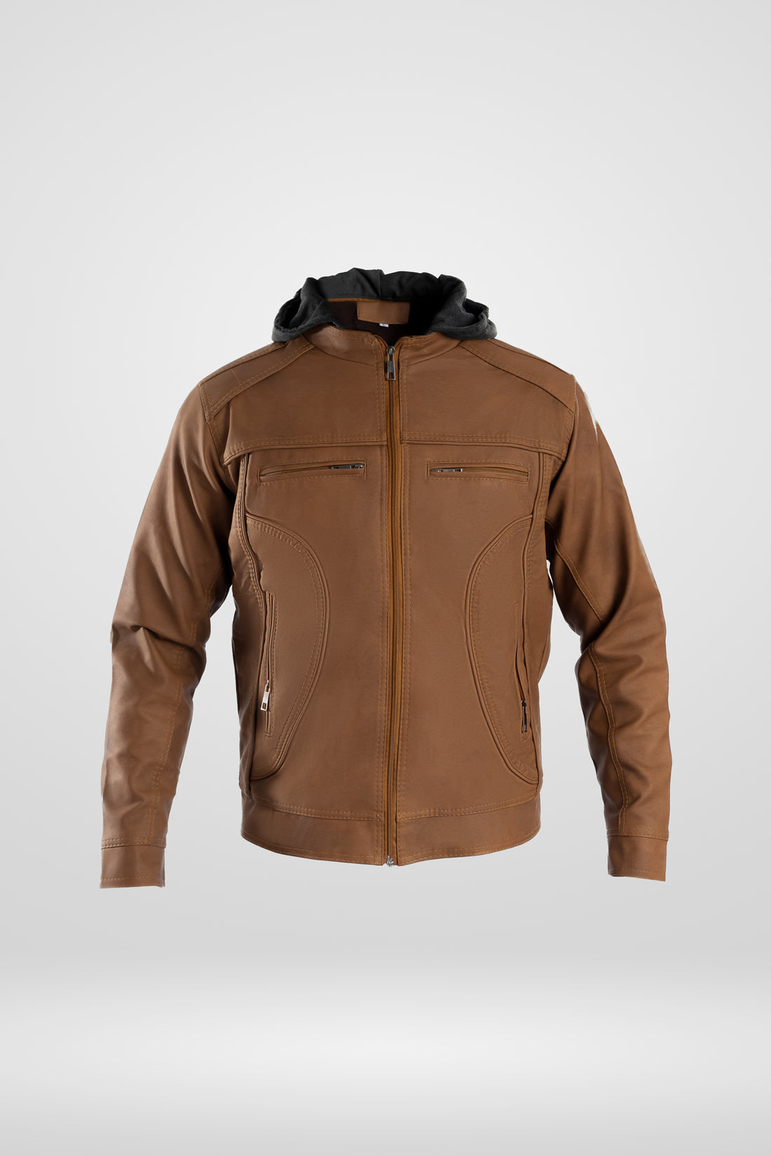 Chaqueta de Cuerotex color café claro para hombre, con capota de algodón gris desmontable y un elegante corte recto.