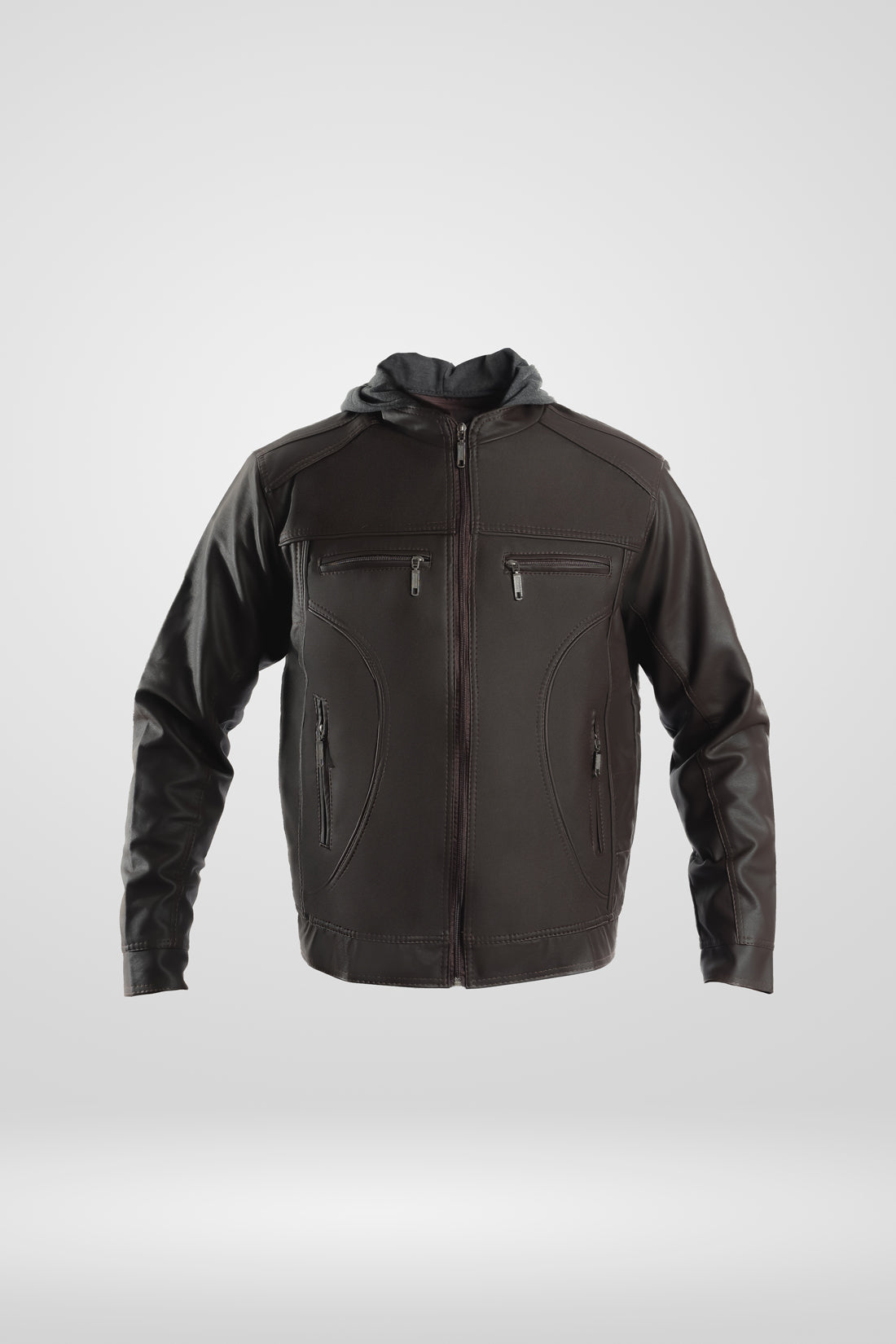 Chaqueta de Cuerotex color café oscuro para hombre, con capota de algodón gris desmontable y un moderno corte recto.