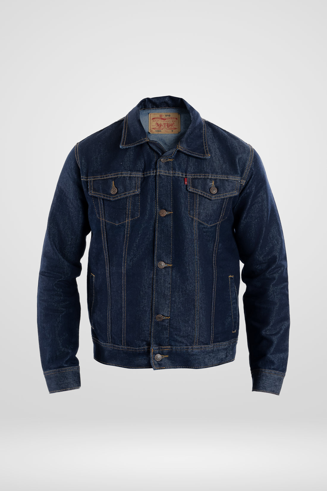 Chaqueta de jean clásica para hombre en color azul industrial oscuro, vista frontal con botones metálicos y costuras en contraste.