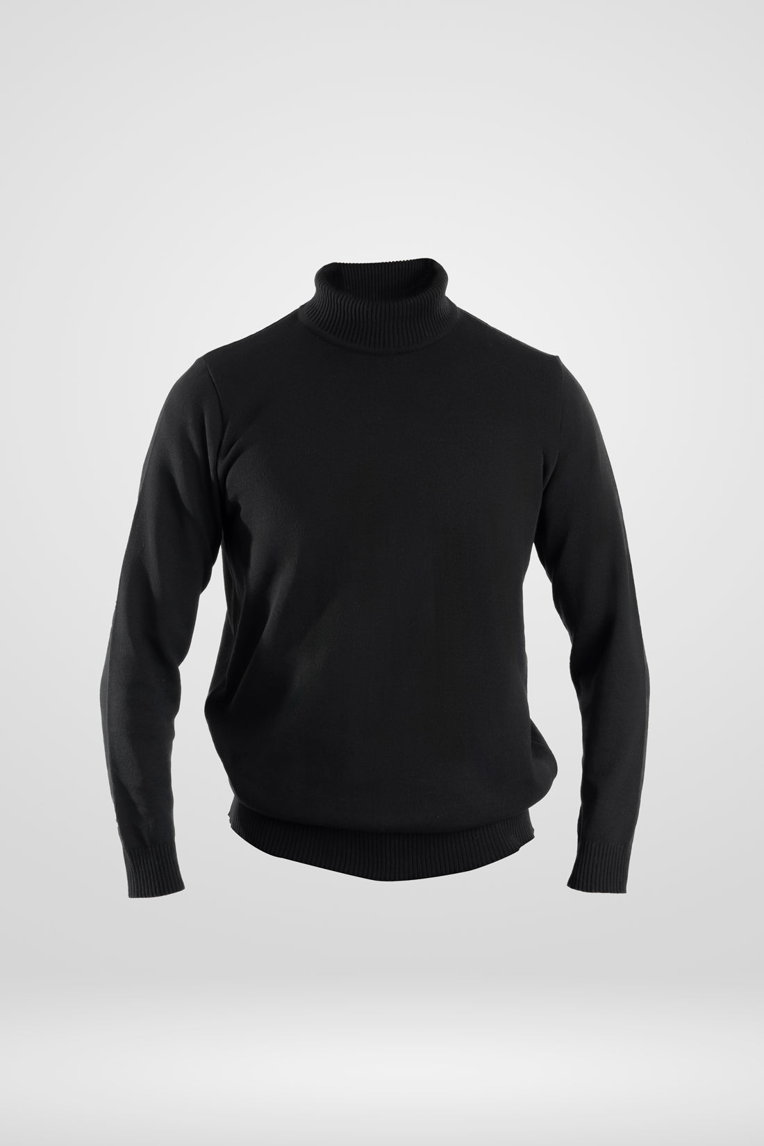 Saco de cuello tortuga para hombre modelo Liscio en color negro vista frontal, fabricado en fibra Miratex de alta durabilidad y tacto suave. Compra segura con Pago Contra Entrega y ADDI en lsjsas.com.