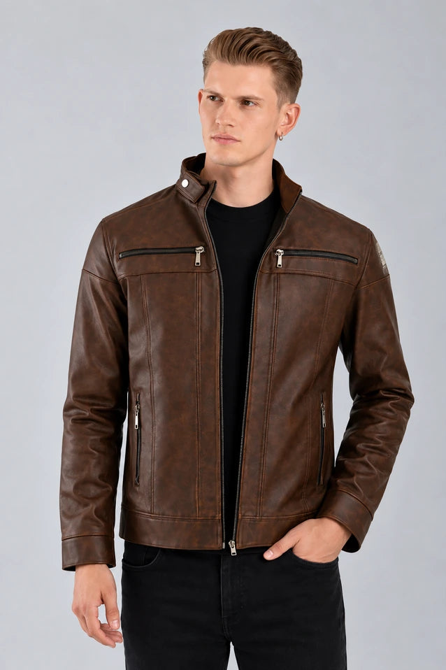 Hombre usando Chaqueta de Cuerotex color Marrón, con un diseño minimalista y de corte moderno y, modelo AD22, vista frontal.