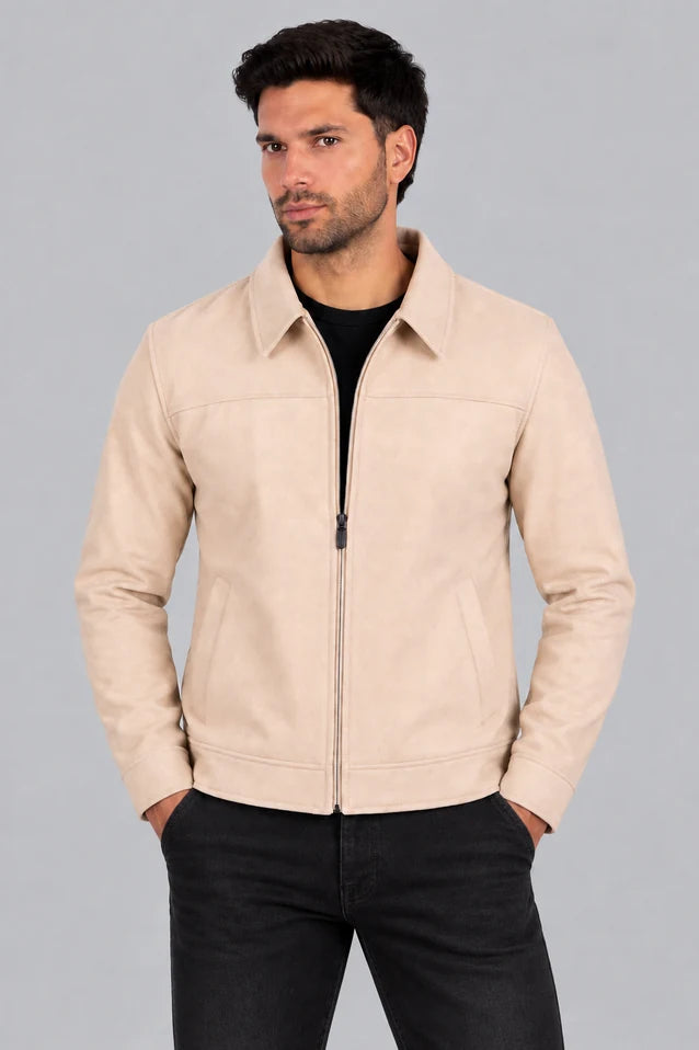 Chaqueta Santana de LSJ en color beige, vista frontal, con cuello camisero y cremallera