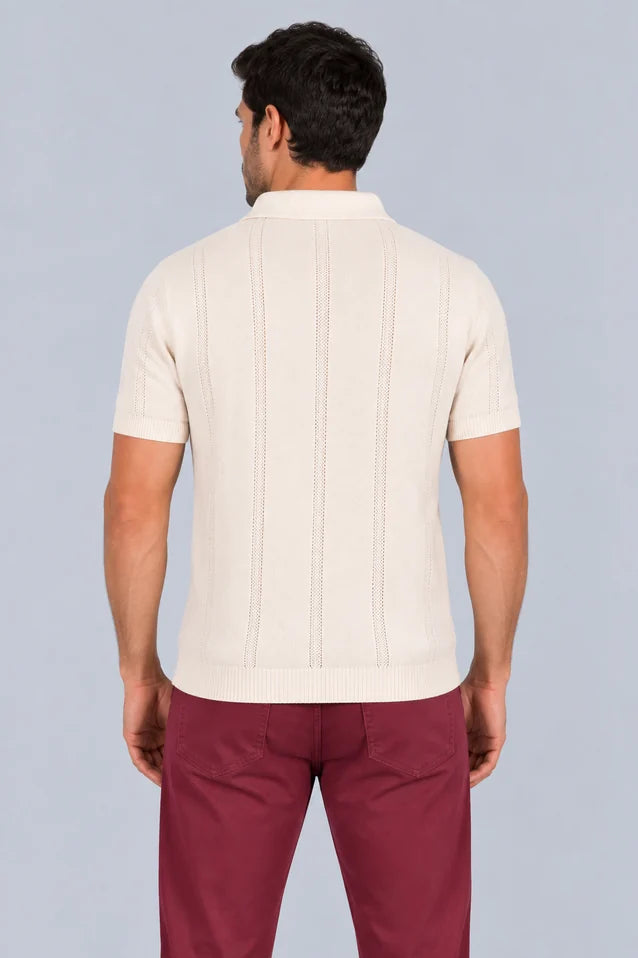 Camisa Mallorca crudo, polo de punto con ruedo acanalado, vista posterior