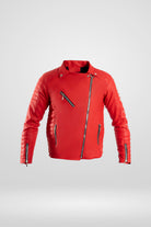 Chamarra roja para hombre imagen detalla  AD10 estilo rockero con paneles laterales acolchados en cuerotex. Disponible con Pago Contra Entrega, crédito ADDI y Sistecrédito en lsjsas.com
