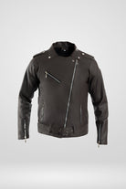 Chamarra de cuerotex para hombre en color café oscuro, estilo rebelde con hebilla en la cintura, vista frontal.