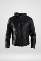 Chaqueta de Cuerotex negra para hombre, con capota de algodón gris desmontable y un elegante corte recto (sin resortes), vista frontal.