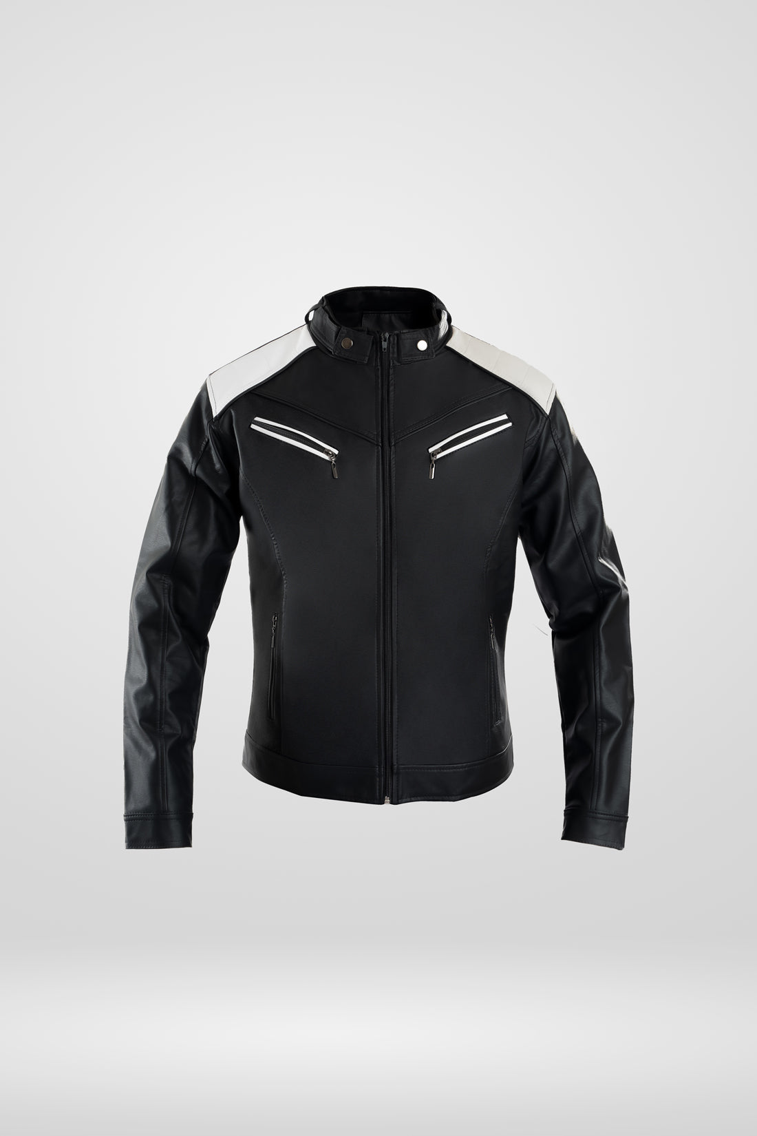 Chaqueta  para hombre sola Fusión en color negro blanco, confeccionada en cuerotex. Diseño premium disponible con Pago Contra Entrega, ADDI y Sistecrédito en lsjsas.com.