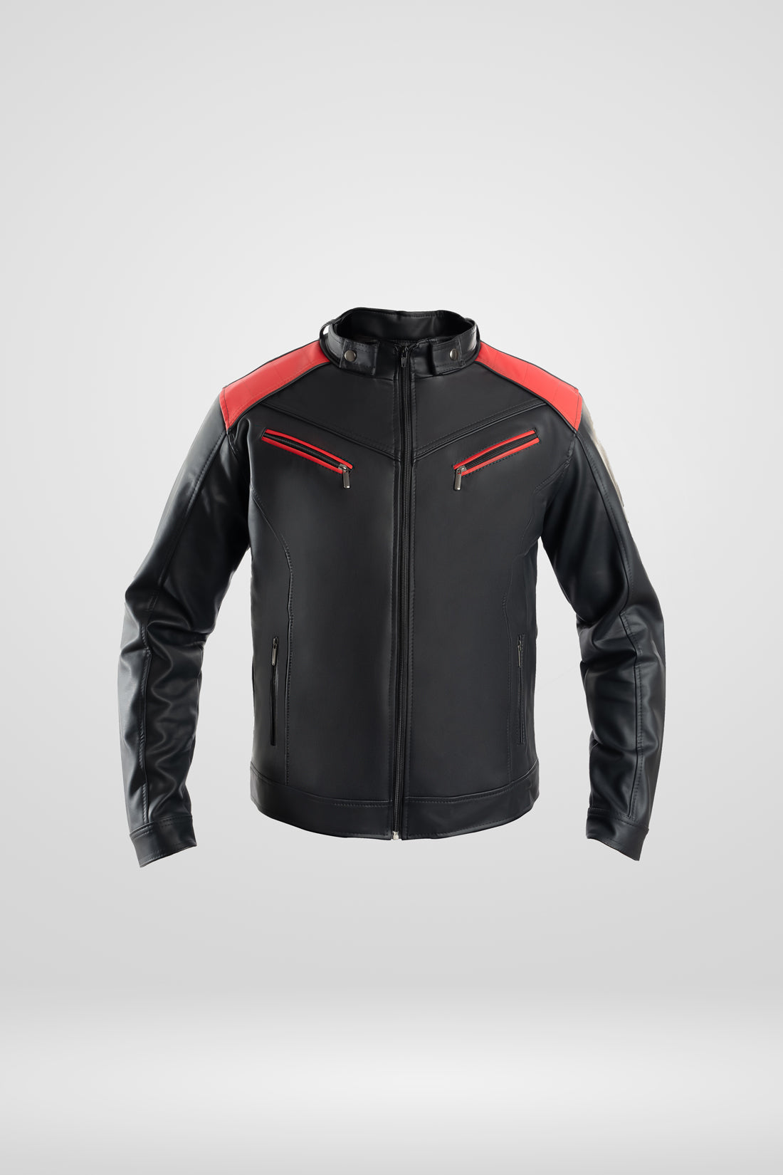 Chaqueta  para hombre sola Fusión en color negro rojo, confeccionada en cuerotex. Diseño premium disponible con Pago Contra Entrega, ADDI y Sistecrédito en lsjsas.com.