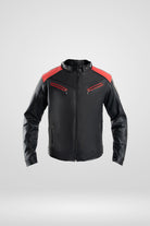 Chaqueta  para hombre sola Fusión en color negro rojo, confeccionada en cuerotex. Diseño premium disponible con Pago Contra Entrega, ADDI y Sistecrédito en lsjsas.com.