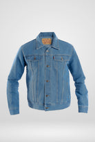 Chaqueta de jean clásica para hombre en el icónico tono azul medio, vista frontal.