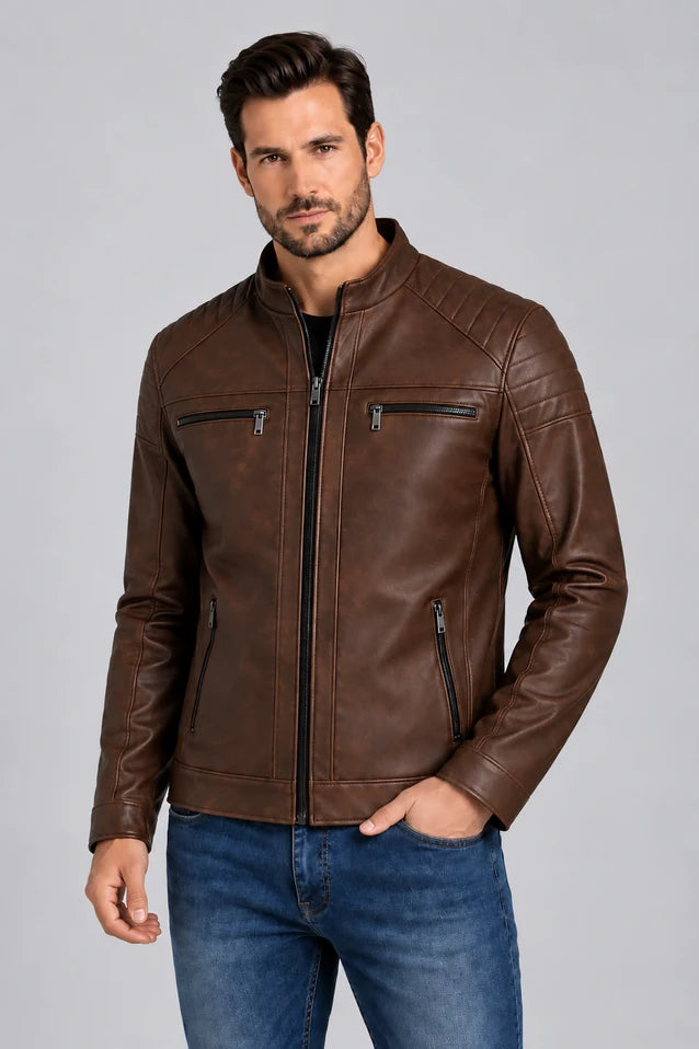 Chaqueta Marrón para hombre, vista de frente, diseño en cuerotex premium. Envíos nacionales con opción de Pago Contra Entrega y crédito inmediato.