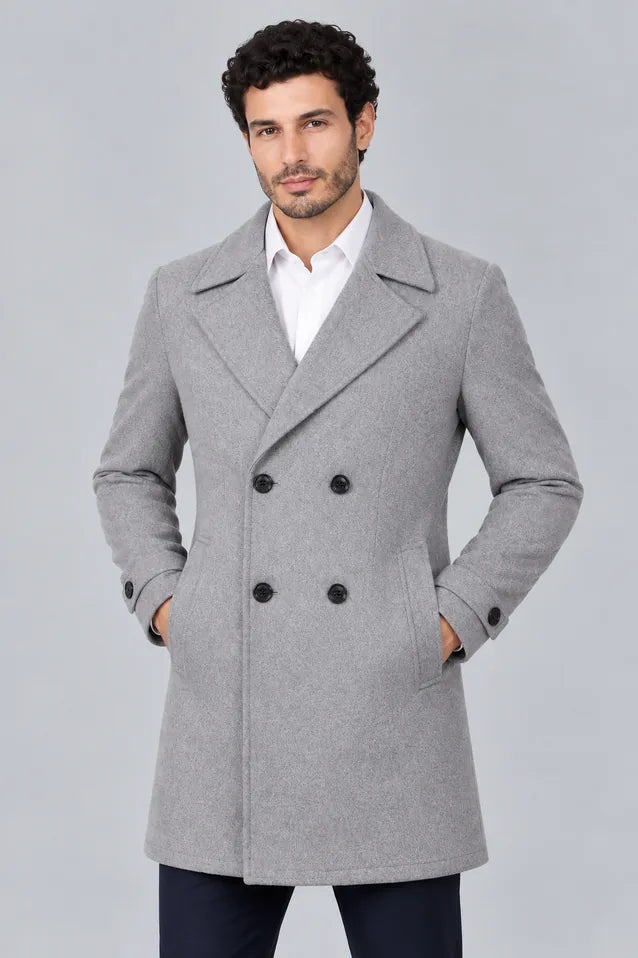 Gabán Imperial gris para hombre, cruzado de doble botonadura en paño licrado, vista frontal